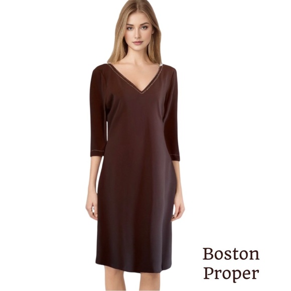 Boston Proper V Neck Brown 3/4 Sleeve Stretch MIDI Dress Size Medium - Picture 1 of 7